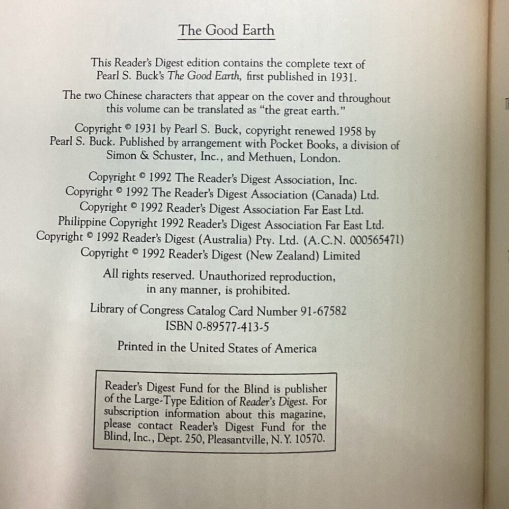 The Good Earth By Pearl S. Buck Readers Digest 1992 Hardcover Edition - Picture 5 of 5